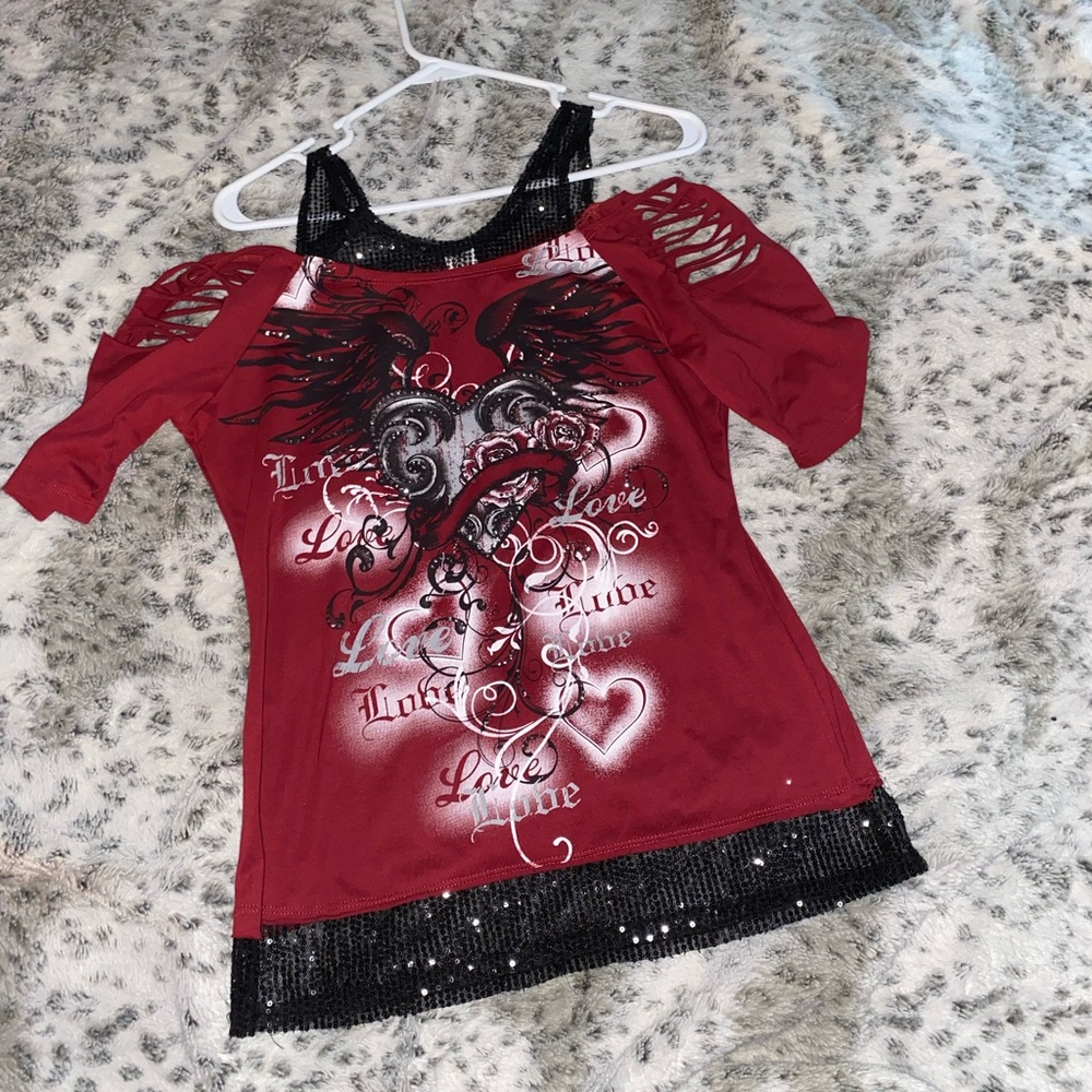 red&black ransom off the shoulder top w/ ribbed sleeves&sequins